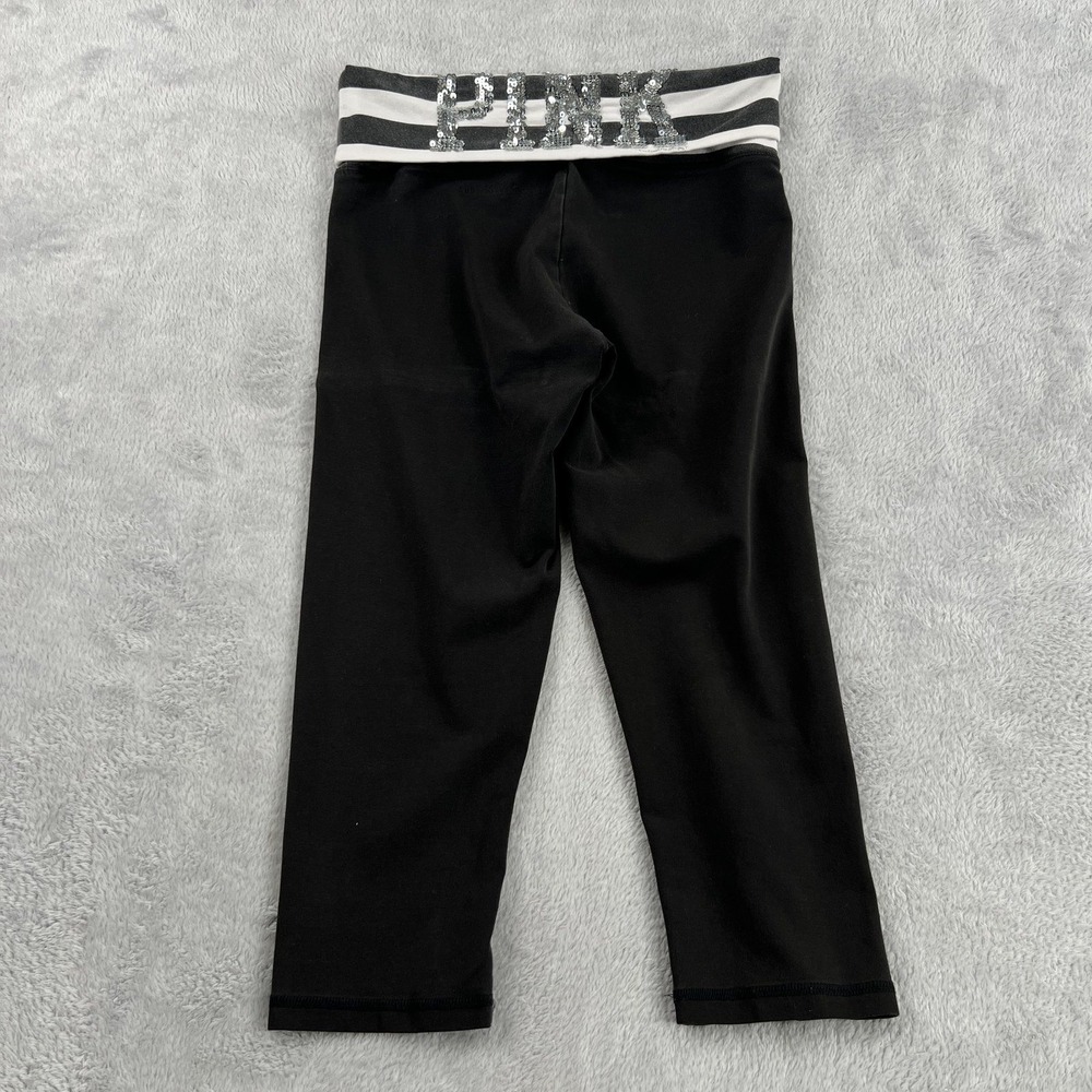 PINK Victorias Secret Sequin Logo Yoga Crop Leggings XS Black Y2K Fold Over